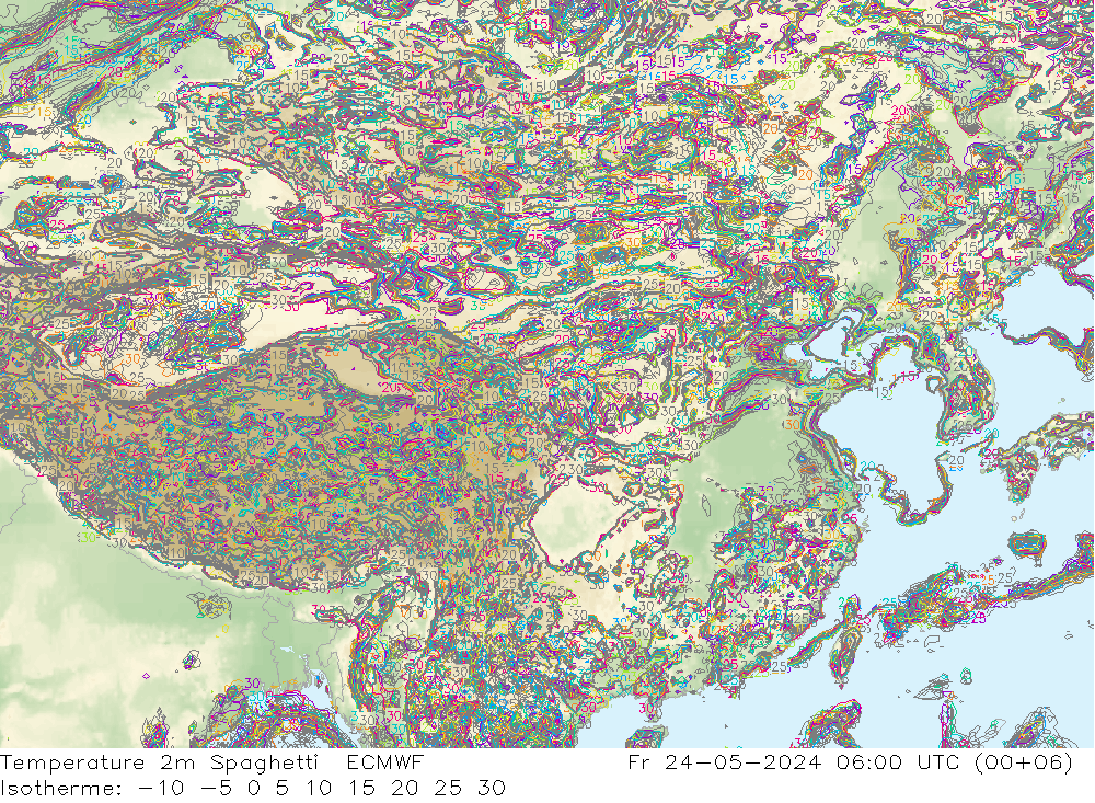 Temperature 2m Spaghetti ECMWF Fr 24.05.2024 06 UTC