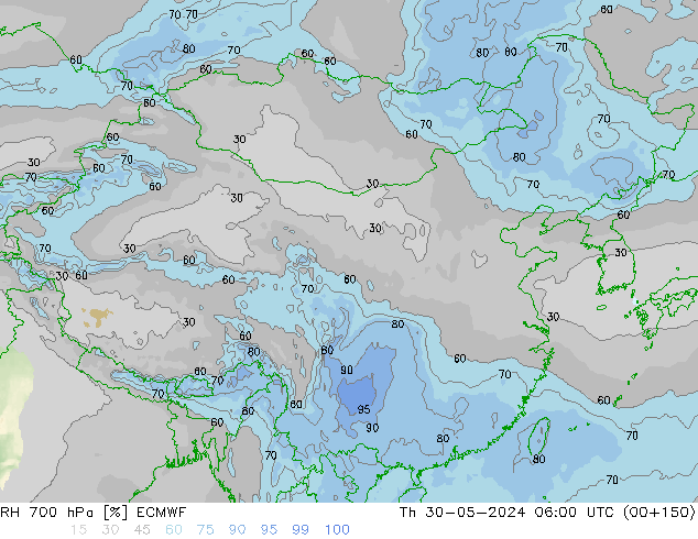 RH 700 hPa ECMWF Čt 30.05.2024 06 UTC