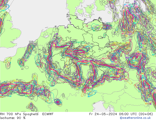 RH 700 hPa Spaghetti ECMWF Fr 24.05.2024 06 UTC