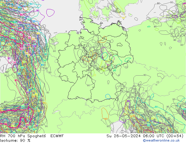 RH 700 hPa Spaghetti ECMWF Dom 26.05.2024 06 UTC