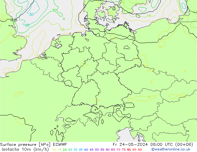 Isotachen (km/h) ECMWF Fr 24.05.2024 06 UTC