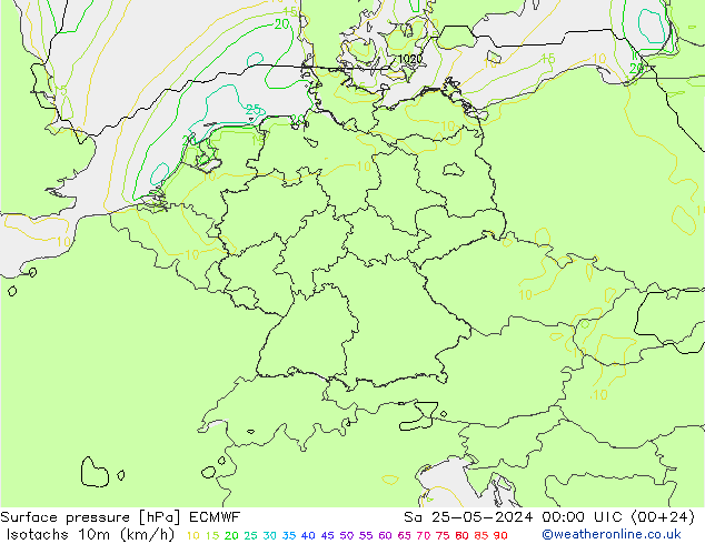 Isotachen (km/h) ECMWF Sa 25.05.2024 00 UTC