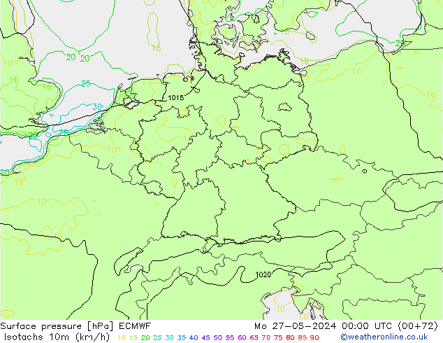 Isotachen (km/h) ECMWF ma 27.05.2024 00 UTC