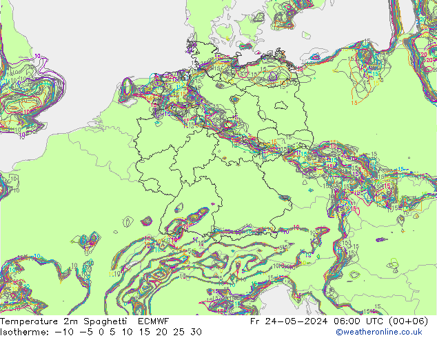 Temperature 2m Spaghetti ECMWF Fr 24.05.2024 06 UTC