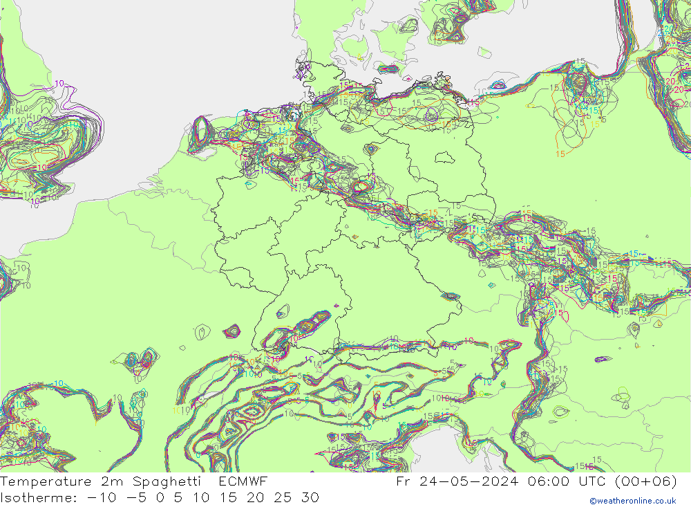 Temperatura 2m Spaghetti ECMWF vie 24.05.2024 06 UTC