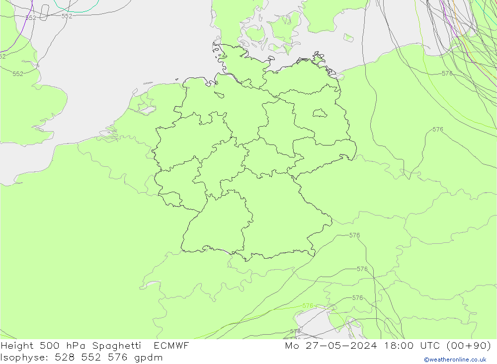 Height 500 hPa Spaghetti ECMWF Po 27.05.2024 18 UTC