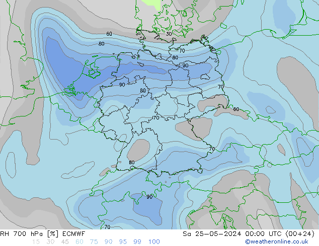 RH 700 hPa ECMWF 星期六 25.05.2024 00 UTC