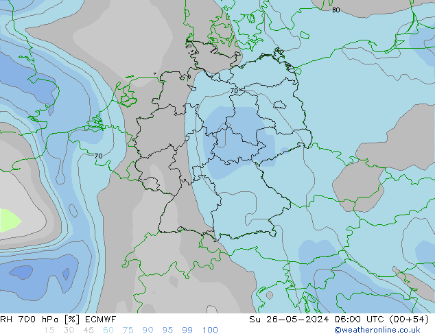 Humedad rel. 700hPa ECMWF dom 26.05.2024 06 UTC