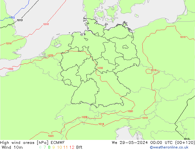 High wind areas ECMWF We 29.05.2024 00 UTC