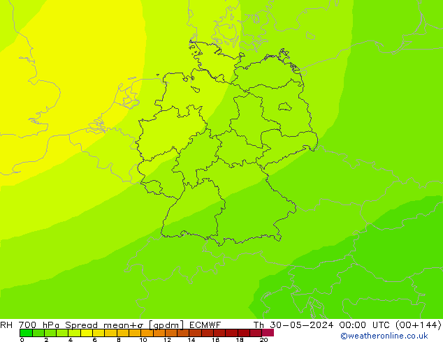 Humidité rel. 700 hPa Spread ECMWF jeu 30.05.2024 00 UTC