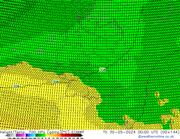 Geop./Temp. 700 hPa ECMWF jue 30.05.2024 00 UTC