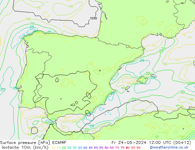 Eşrüzgar Hızları (km/sa) ECMWF Cu 24.05.2024 12 UTC