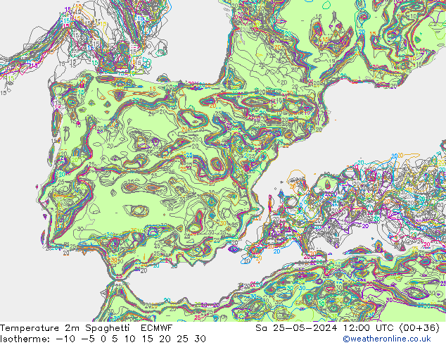 Temperature 2m Spaghetti ECMWF Sa 25.05.2024 12 UTC