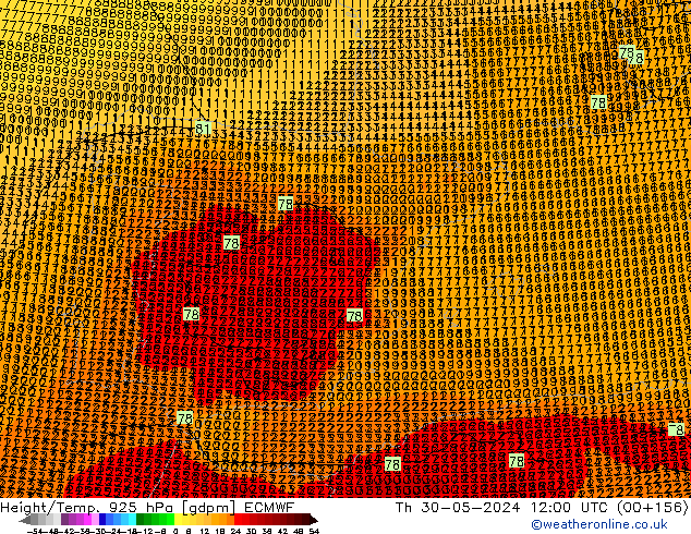 Height/Temp. 925 hPa ECMWF czw. 30.05.2024 12 UTC