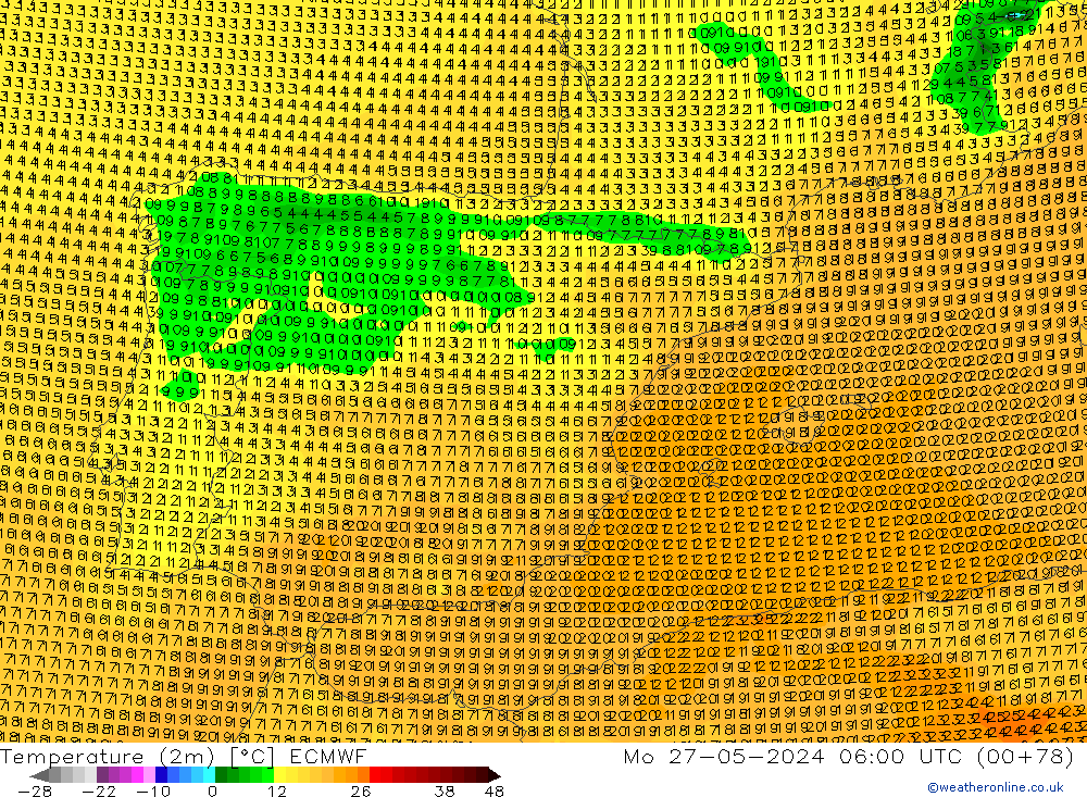 Temperature (2m) ECMWF Mo 27.05.2024 06 UTC