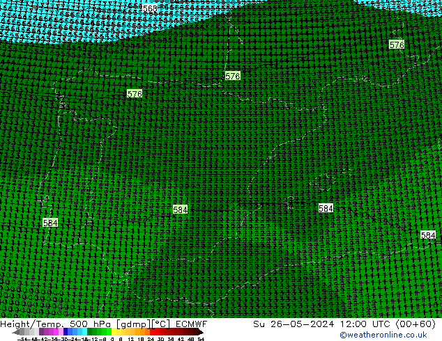 Hoogte/Temp. 500 hPa ECMWF zo 26.05.2024 12 UTC