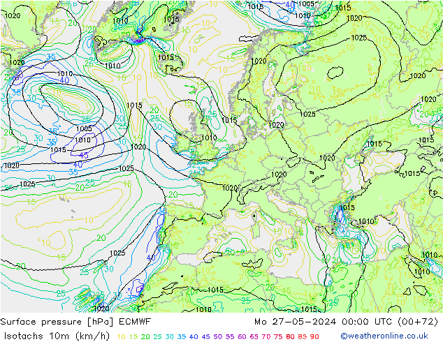 Isotachs (kph) ECMWF Po 27.05.2024 00 UTC