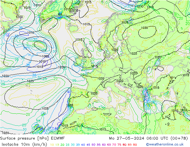 Isotachen (km/h) ECMWF Mo 27.05.2024 06 UTC