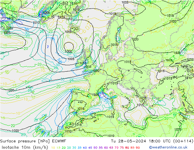 Isotachs (kph) ECMWF Út 28.05.2024 18 UTC