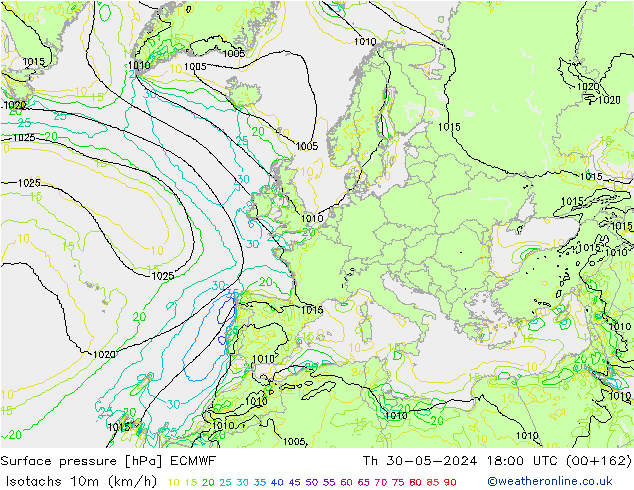 Isotachs (kph) ECMWF gio 30.05.2024 18 UTC