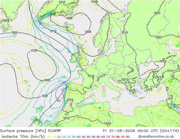 Isotachs (kph) ECMWF ven 31.05.2024 06 UTC