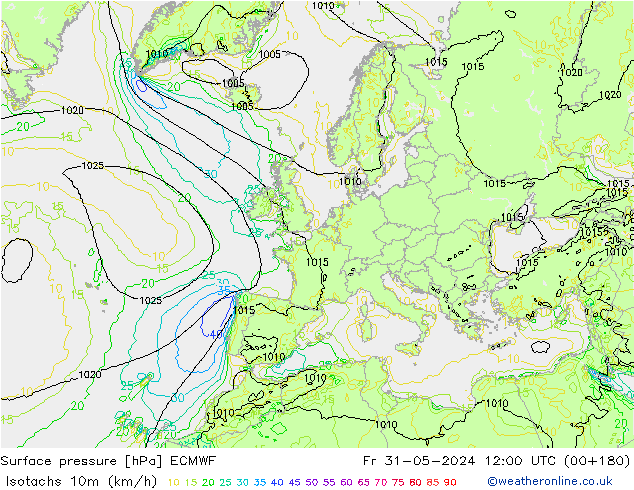 Isotachen (km/h) ECMWF Fr 31.05.2024 12 UTC