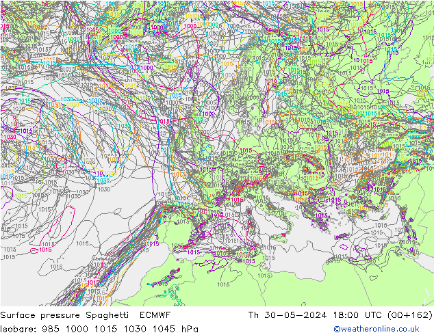 Pressione al suolo Spaghetti ECMWF gio 30.05.2024 18 UTC