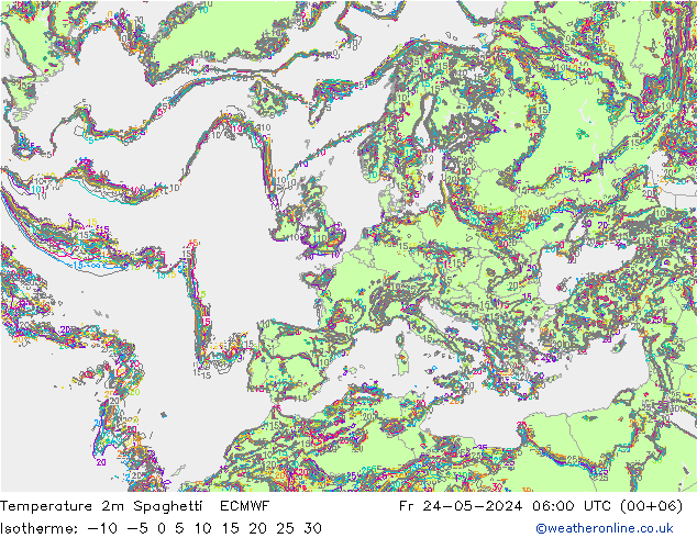 Temperature 2m Spaghetti ECMWF Fr 24.05.2024 06 UTC