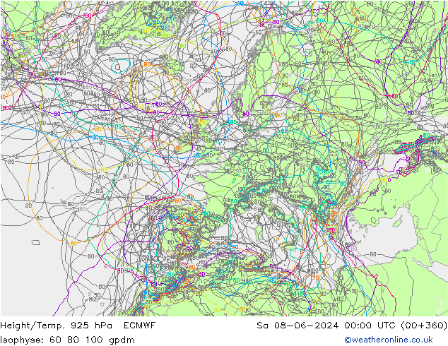 Height/Temp. 925 hPa ECMWF Sa 08.06.2024 00 UTC