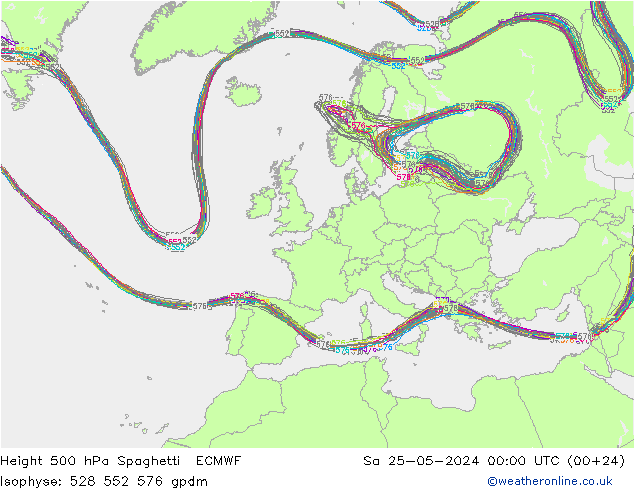 Height 500 hPa Spaghetti ECMWF Sa 25.05.2024 00 UTC