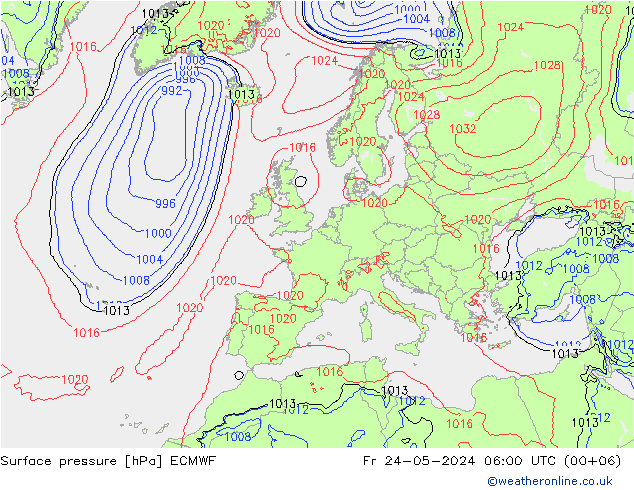 Presión superficial ECMWF vie 24.05.2024 06 UTC