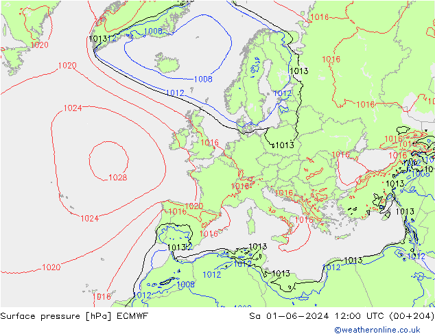 Bodendruck ECMWF Sa 01.06.2024 12 UTC