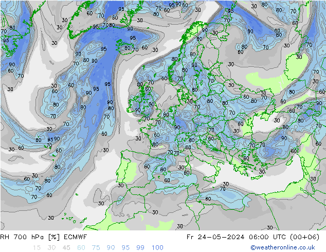 RH 700 hPa ECMWF Fr 24.05.2024 06 UTC