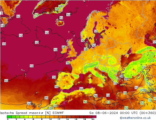 Isotachen Spread ECMWF Sa 08.06.2024 00 UTC