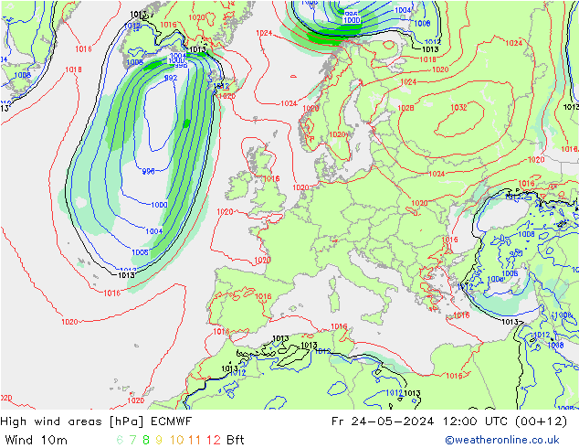 High wind areas ECMWF Sex 24.05.2024 12 UTC