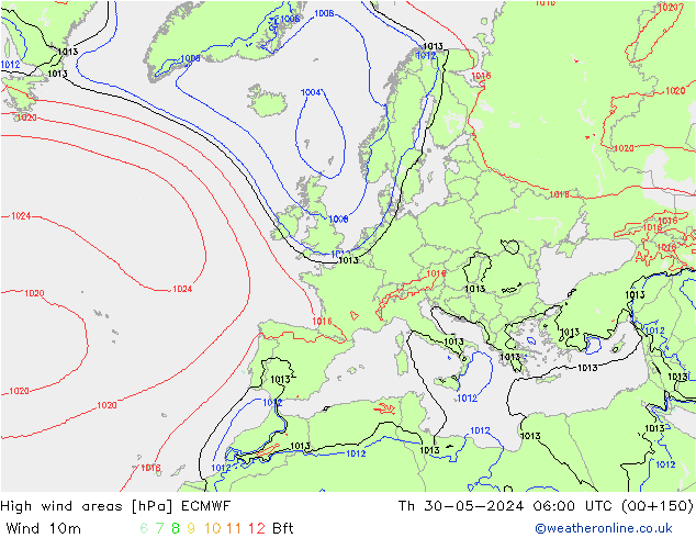 High wind areas ECMWF Th 30.05.2024 06 UTC