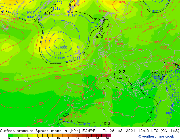 Surface pressure Spread ECMWF Tu 28.05.2024 12 UTC