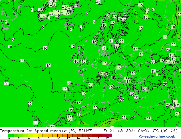 карта температуры Spread ECMWF пт 24.05.2024 06 UTC