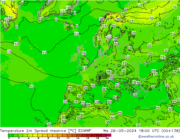 Temperatuurkaart Spread ECMWF wo 29.05.2024 18 UTC