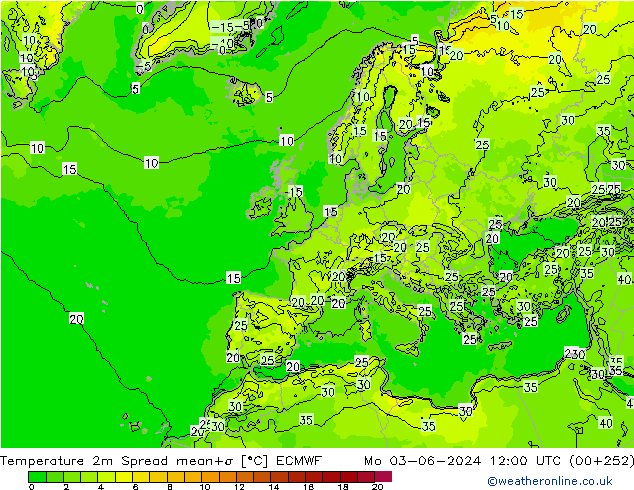 température 2m Spread ECMWF lun 03.06.2024 12 UTC