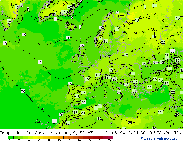 Temperatuurkaart Spread ECMWF za 08.06.2024 00 UTC