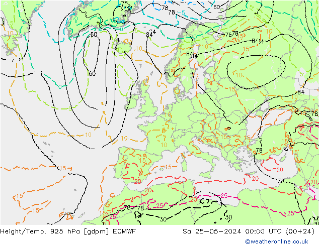 Hoogte/Temp. 925 hPa ECMWF za 25.05.2024 00 UTC