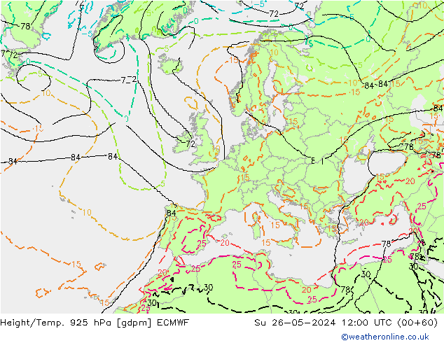 Height/Temp. 925 hPa ECMWF Su 26.05.2024 12 UTC