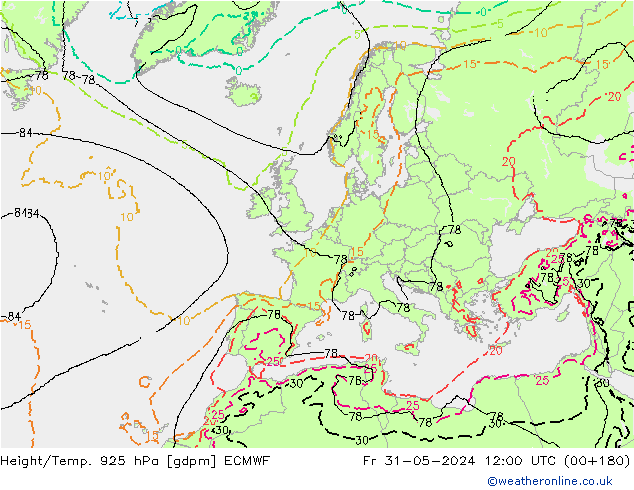 Height/Temp. 925 hPa ECMWF Fr 31.05.2024 12 UTC