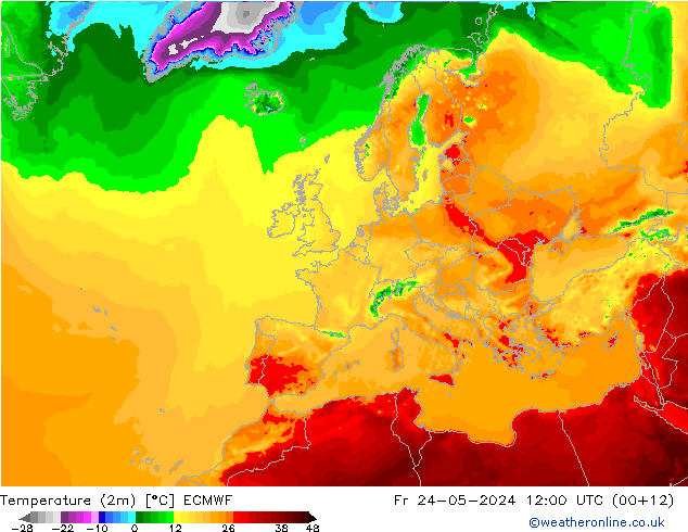 Temperatura (2m) ECMWF vie 24.05.2024 12 UTC