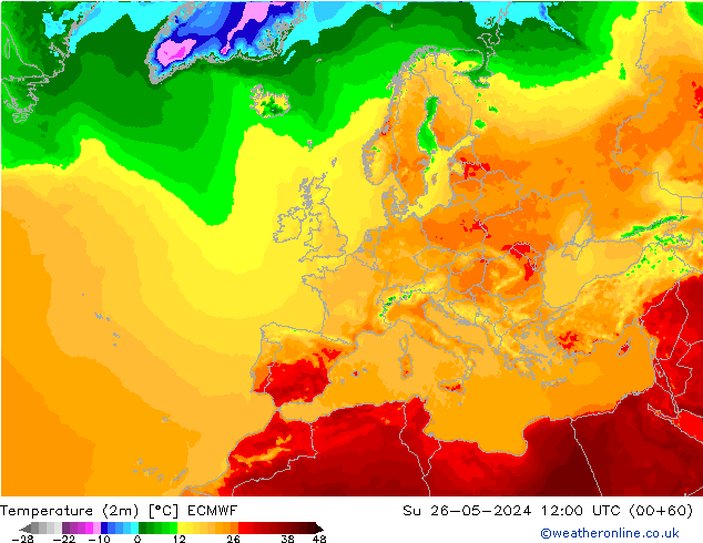 Temperatuurkaart (2m) ECMWF zo 26.05.2024 12 UTC