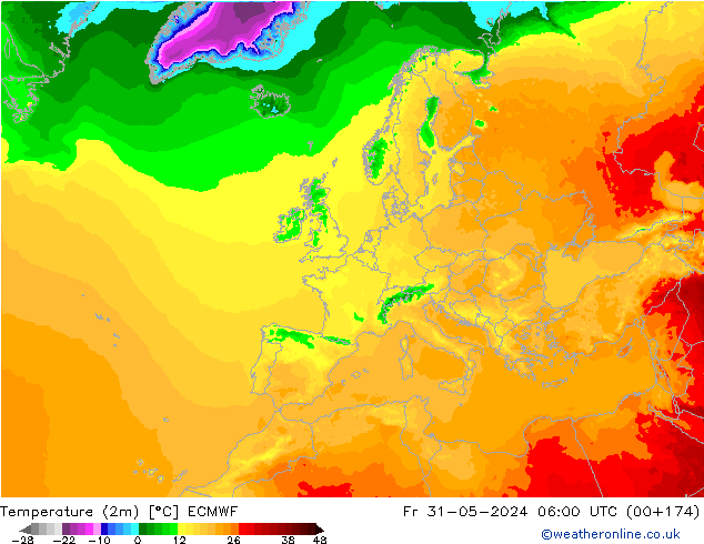 Temperature (2m) ECMWF Fr 31.05.2024 06 UTC