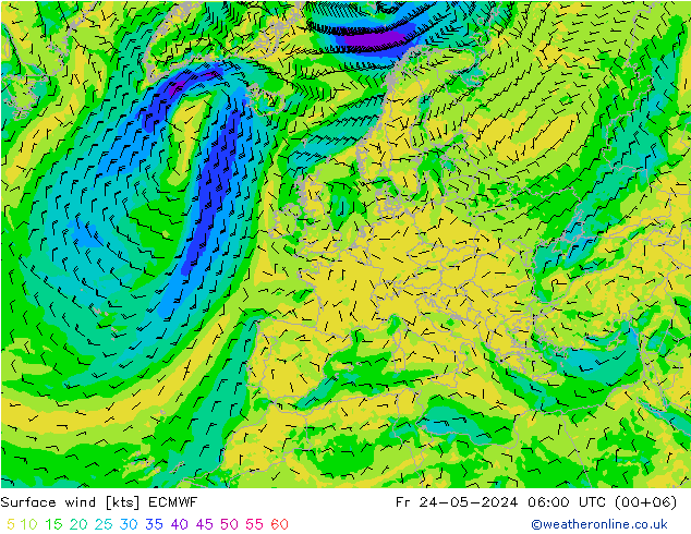 Rüzgar 10 m ECMWF Cu 24.05.2024 06 UTC