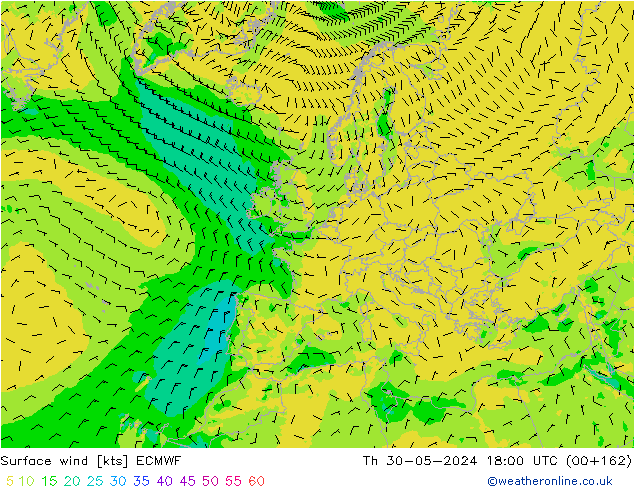 Surface wind ECMWF Čt 30.05.2024 18 UTC