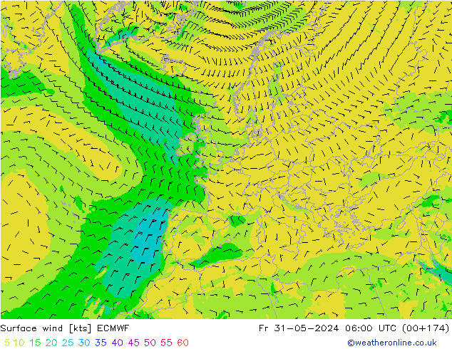 Surface wind ECMWF Fr 31.05.2024 06 UTC